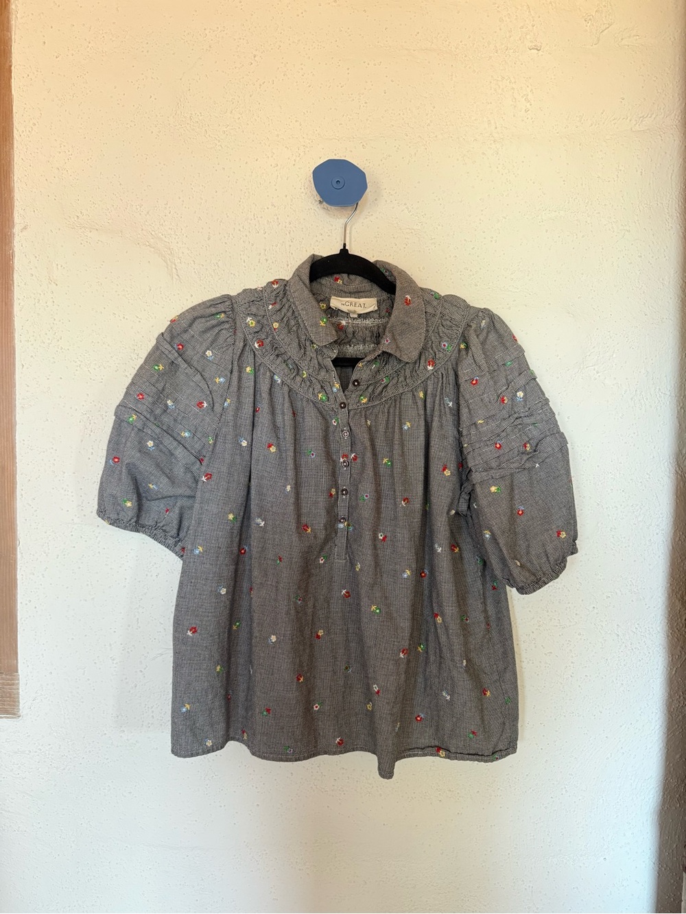 THE GREAT. Gray Embroidered Puff-Sleeve Top